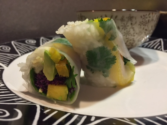 Mango, avocado, and shrimp spring rolls